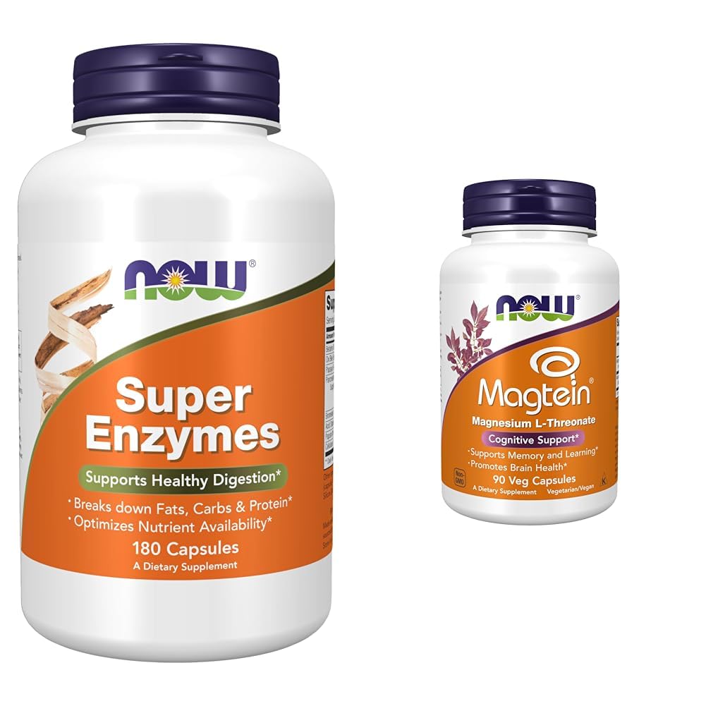 NOW Supplementen, Super Enzymen, samengesteld met Bromelain, Oxbile, Pancrean en Papain,180 Capsules & Supplementen, MagteinTM met gepatenteerde vorm van Magnesium (Mg), Cognitive Support*, 90 Veg Capsules