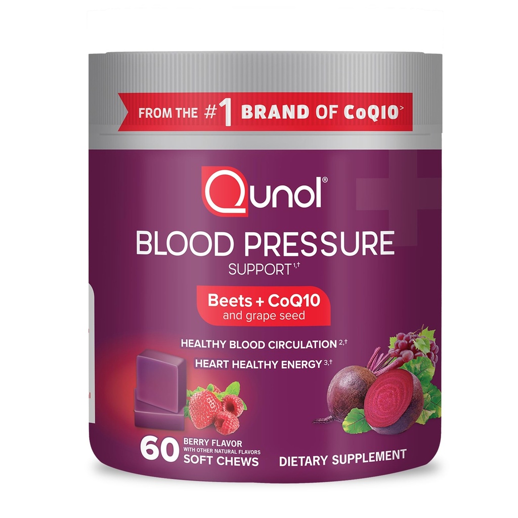 Qunol bieten Kauwen voor bloeddruk ondersteuning, 3 in 1 bieten + CoQ10 + druivenzaad Extract, Ondersteunt gezonde bloedcirculatie en hart gezonde energie, 60 Kauwen