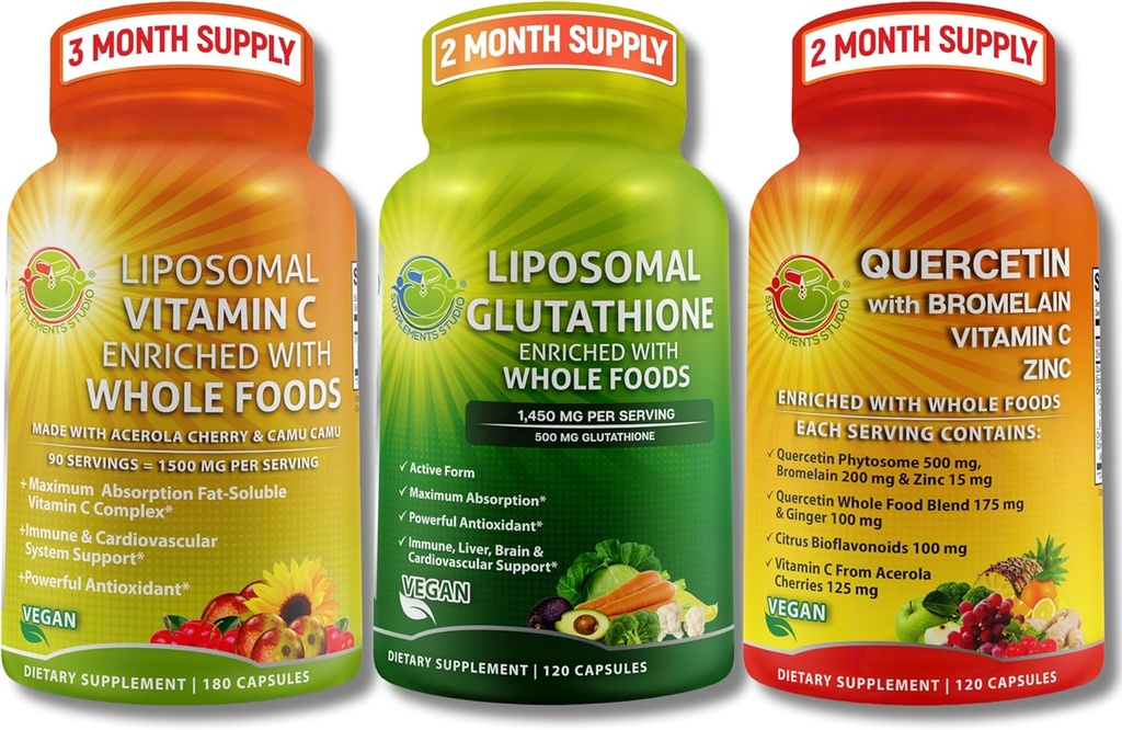 Complete op planten gebaseerde antioxidant & Immune Support Bundle - Liposomale vitamine C 1500mg + Liposomale glutathion 500mg + quercetine met bromelaïne, zink en vitamine C 