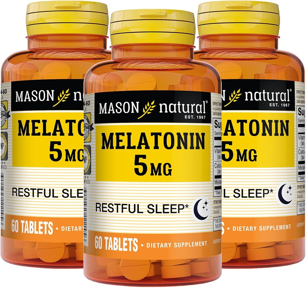 MASON NATUURLIJKE Melatonine 5 mg met B6 en Calcium - Natuurlijke Slaaphulp, Ondersteunt gezonde Slaap & Rust, 60 tabletten (verpakking van 3)