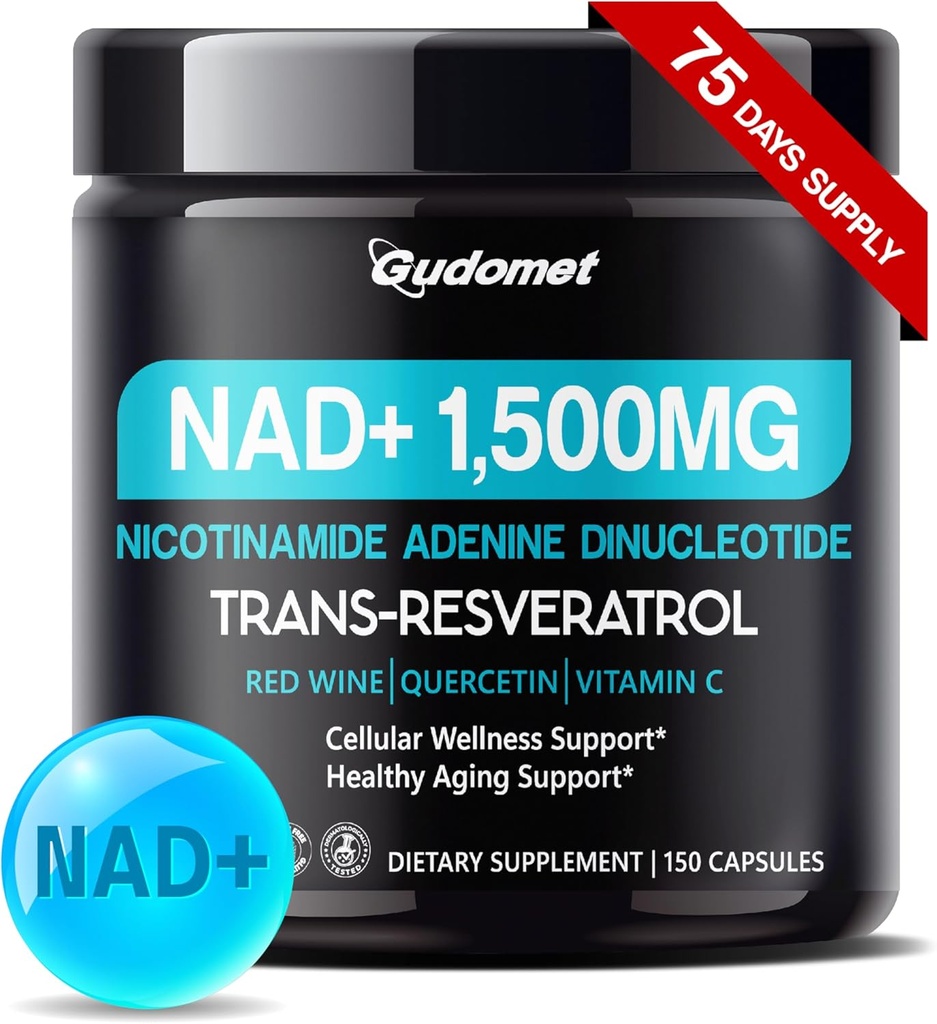 NAD+ met Trans-Resveratrol, rode wijn, quercetine en vitamine C Ondersteunt Cellular Wellness & Healthy Aging-150 Capsules- Made in The USA