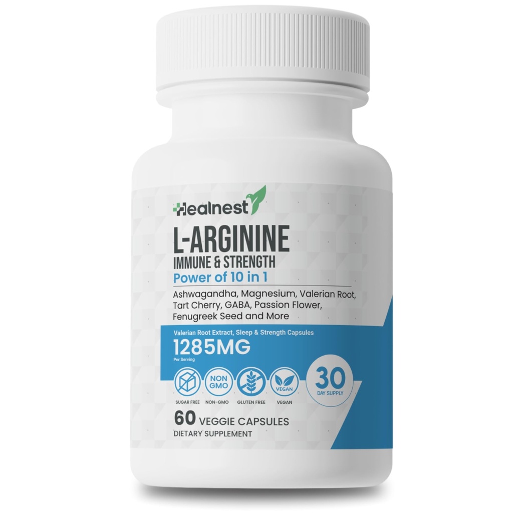 Capsules L-Arginine - 1285MG Mélange d'Ashwagandha, L-Theanine, Magnésium, GABA, Zinc & Tart Cherry – Récupération musculaire, Soulagement du stress, Support de l'humeur – Non-OGM, 60 Capsules Veggie pour hommes et femmes