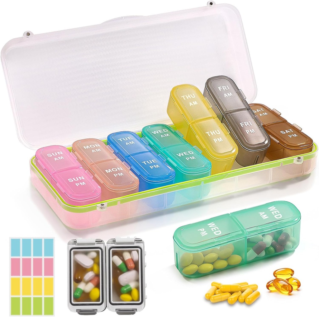 Weekly pil Organizer 2 keer per dag + 2 afneembare pil Organizers kit - AM PM Travel pil Organizer voor Vitamine Geneeskunde Supplement Fish Oil, White Daily Pill Case 2 keer per dag