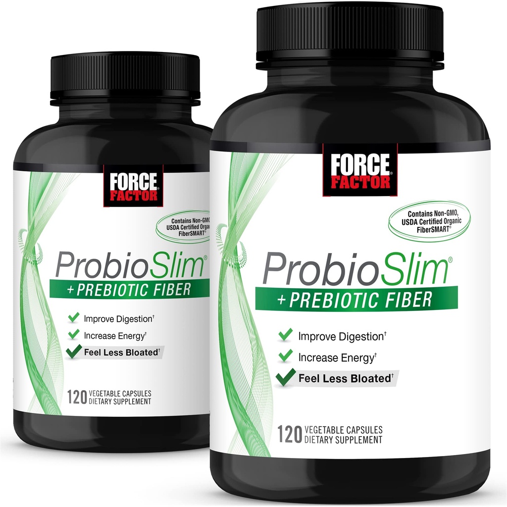 Force Factor ProbioSlim + Prebiotic Fiber, Metabolisme Booster voor vrouwen en mannen, Digestieve gezondheidsondersteuning, Green Tea Extract en Psyllium Husk Fiber, 120 Telling (pakket van 2)