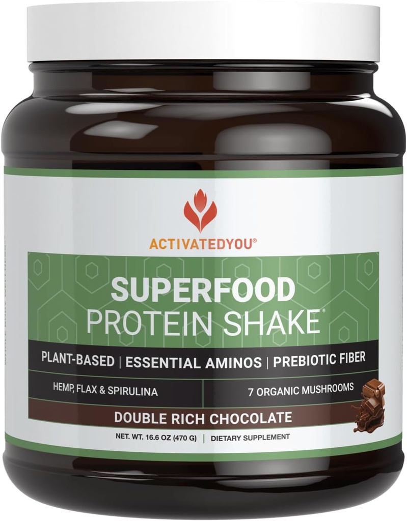 ACTIVATEYOU Superfood Proteïne Shake -Vegan Plant Proteïne Poeder - met biologische 7 Paddestoelen Blend, Spirulina, en GoldRella Chlorella - bevordert spier integriteit, chocolade smaak (15 Serven)