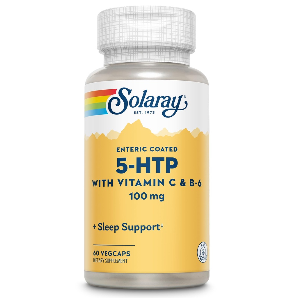 SOLARAY 5 HTP Supplement met vitamine C & B-6 - Slaapsupplement en serotoninesynthese ondersteuning - Lab geverifieerd, 60 dagen geld-terug garantie - 60 porties, 60 Enteric Coated VegCaps