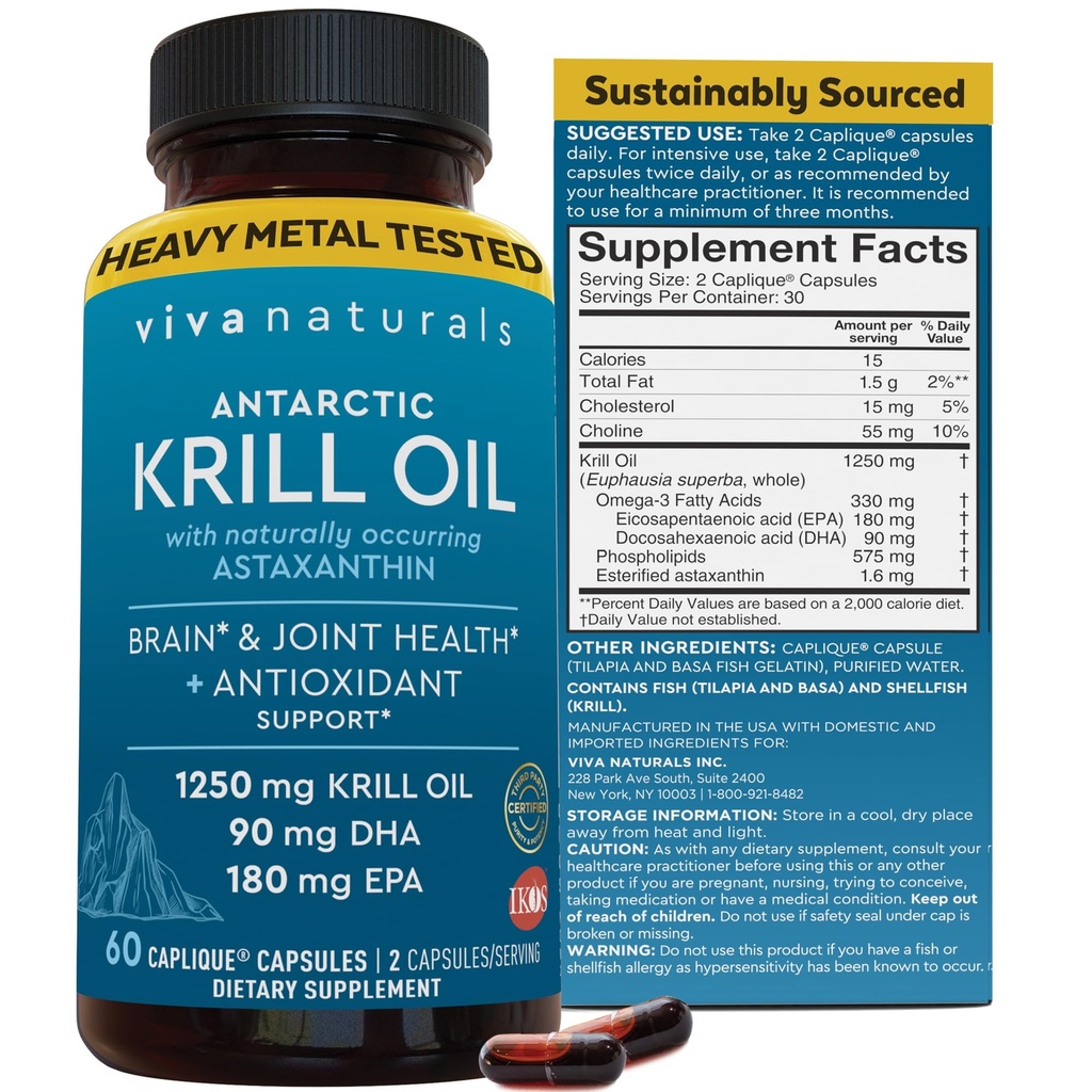 Viva Naturals Antarctique Krill Oil Omega 3 Suppléments 1250 mg - DHA EPA Omega-3 & Astaxanthine Concentration pour la santé conjointe, sans Burp de poisson - 60 capsules d'huile de krill