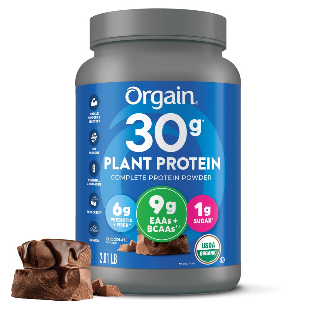 Orgain Organic 30g Vegan Protein Powder, Chocolate 9g EAAs + BCAAs, Plant Protein, 6g Prebiotic + Fiber, 1g Sugar, Pre-Workout, Muscle Support + Recovery - 2.01.lb (Verpakking mei Vary)