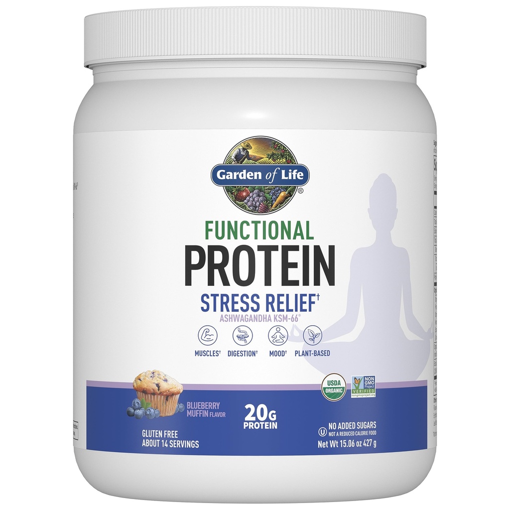 Garden of Life - Functional Protein Stress Relief - 20g Organic Sprouted & Fermented Protein Blend - Blueberry Muffin, Mood Blend for Stress Management, Ashwagandha KSM-66, Vegan - Ongeveer 14 porties