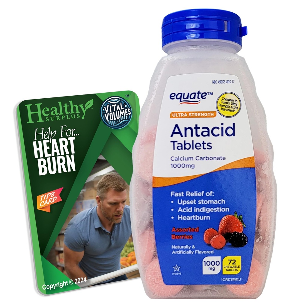 Ultra Sterkte Antacida tabletten - Calcium Carbonaat 1000mg - 71 Kauwtabletten Diverse Bessen en Vital Volumes Tips Kaartbundel