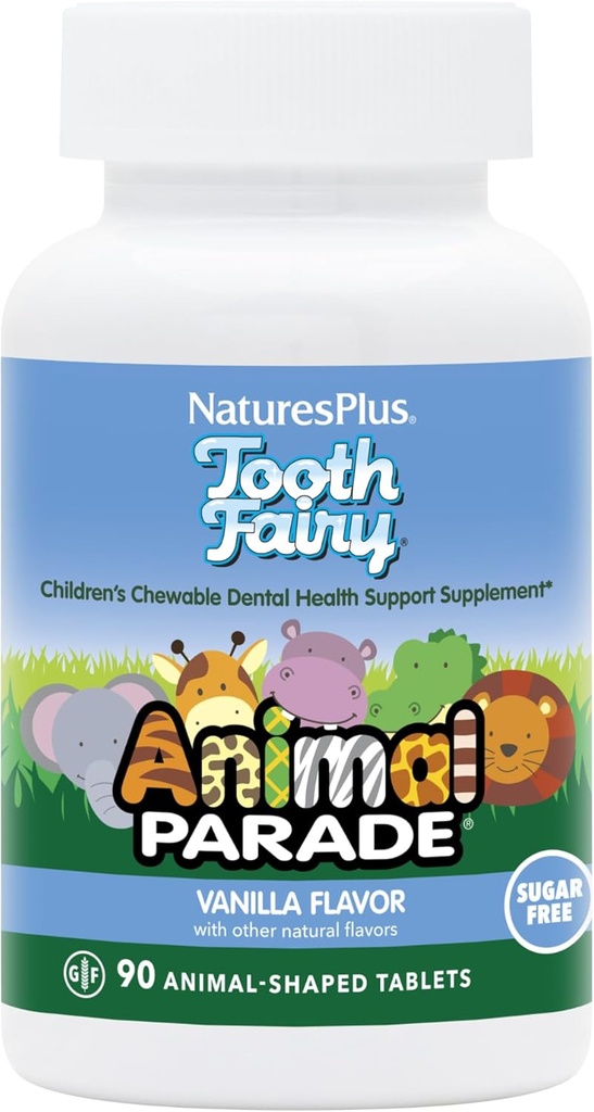 NaturesPlus Animal Parade Tandenfee Kinderen Kauwartikelen - Natuurlijke Vanille Smaak - 90 Animal-Shaped Tablets, Verpakking van 2 - Tandheelkundige Gezondheid Supplement - Vegetarisch, Glutenvrij - 90 Totaal porties