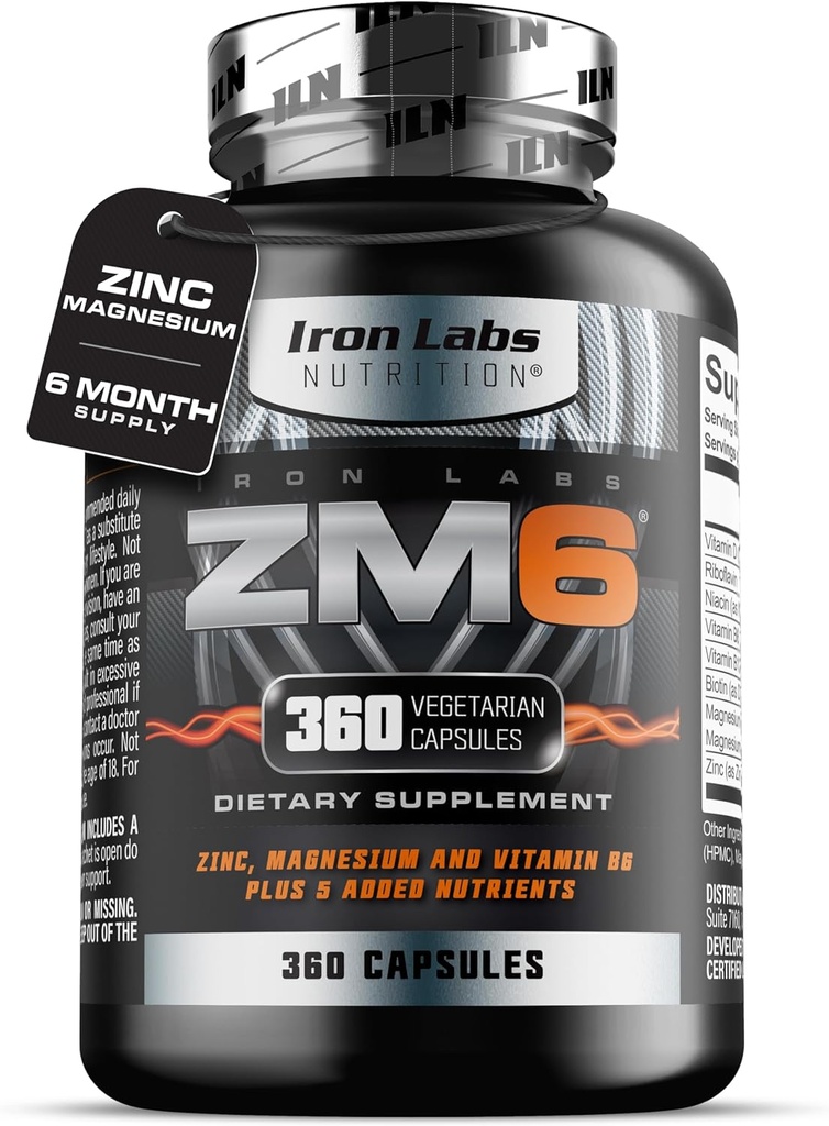 Iron Labs ZM6 – 6 mois d'approvisionnement – supplément d'aspartate de magnésium de zinc – 360 capsules végétariennes – suppléments de magnésium et de zinc pour hommes et femmes