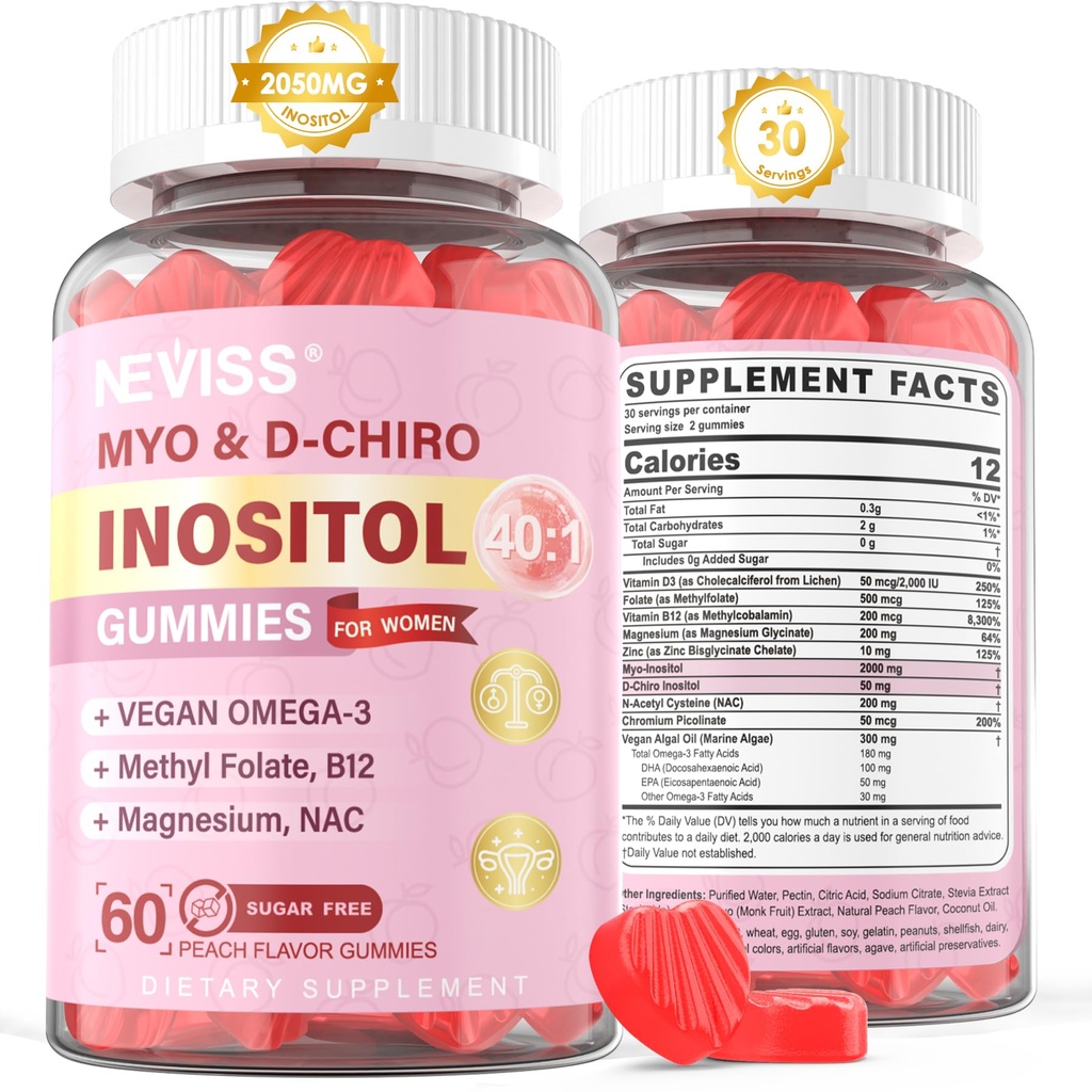 Myo-Inositol & D-Chiro Inositol Gummies Sugar Free, Ideaal 40:1 Ratio Inositol Supplement voor vrouwen w/Vegan Omega-3, D3, Magnesium, Methyl Folate, B12, Inositol Multivitamine voor de algehele gezondheid van vrouwen