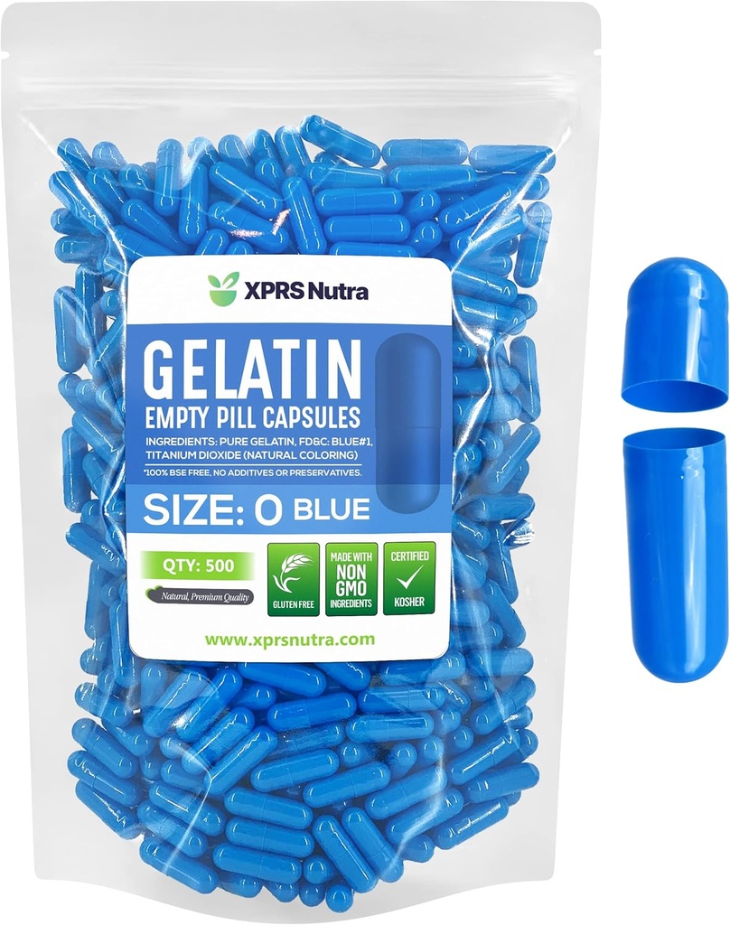 XPRS Nutra Formaat 0 Lege capsules - 500 Telle Lege Gelatine Capsules - Pillen DIY Capsule Vulling - Pure Bovine Pill Gel Caps for Do-It-Yourself Supplements (Blauw)