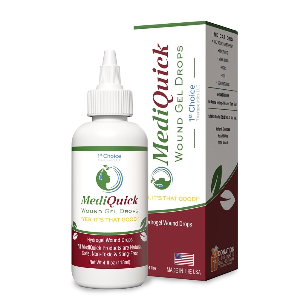 MediQuick Skin & Wound Care Hydrogel Drops - Quick Healing Early Aid Drops with 12 Hours Action to Heal Cuts, Burns, Ontsteking, Rash, Itch, Eczeam & More - Safe Wound Wash with No-Sting - 4 Fl Oz
