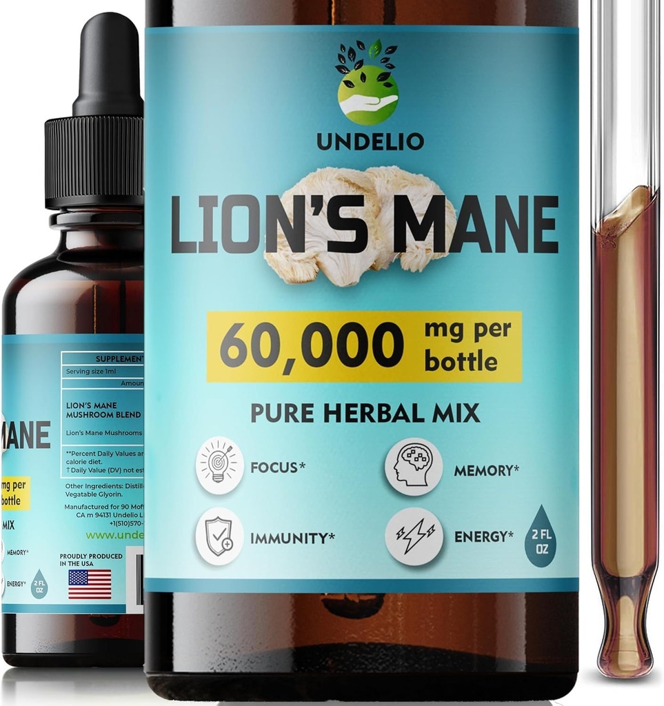 Leeuwen Mane Supplement - Dagelijkse paddo supplement voor geheugen, focus en helderheid - Brain Booster - Leeuwen Mane Tinctuur voor natuurlijke immuunondersteuning - Veganistisch, biologisch - 2 Fl oz