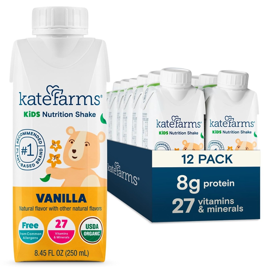 KATE FARMS Biologische Kids Nutrition Shake, Vanille, 8g eiwit, 27 vitamines en mineralen, Maaltijden vervangende drank, eiwit Shake, Glutenvrij, Non-GMO, 8,45 Fl oz (pakket van 12)