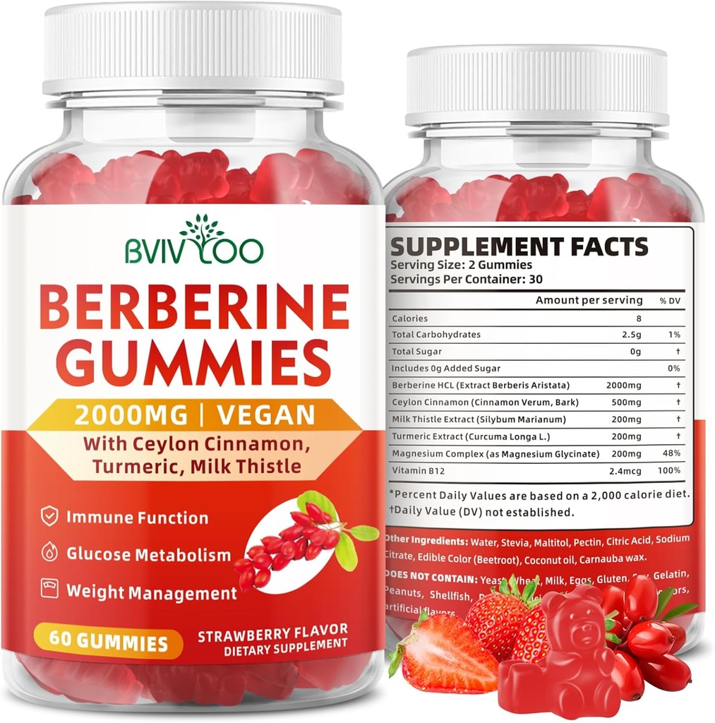 Gommies berbères, sans sucre 2000mg supplément HCI berbères à haute puissance, plus Ceylan cannelle, chardon de lait pour les femmes et les hommes, système immunitaire et soutien au métabolisme - 60 Gommies