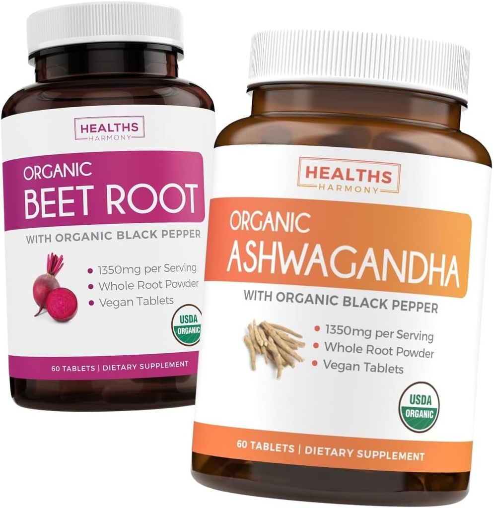 Beetwortelwortel en ashwagandha (1-maandvoeding) vitale energie Blend - biologische bietenwortel met zwarte peper voor absorptie 1250mg (60 tabletten) & biologische ashwagandha met zwarte peper 1350mg per portie (60 capsules)