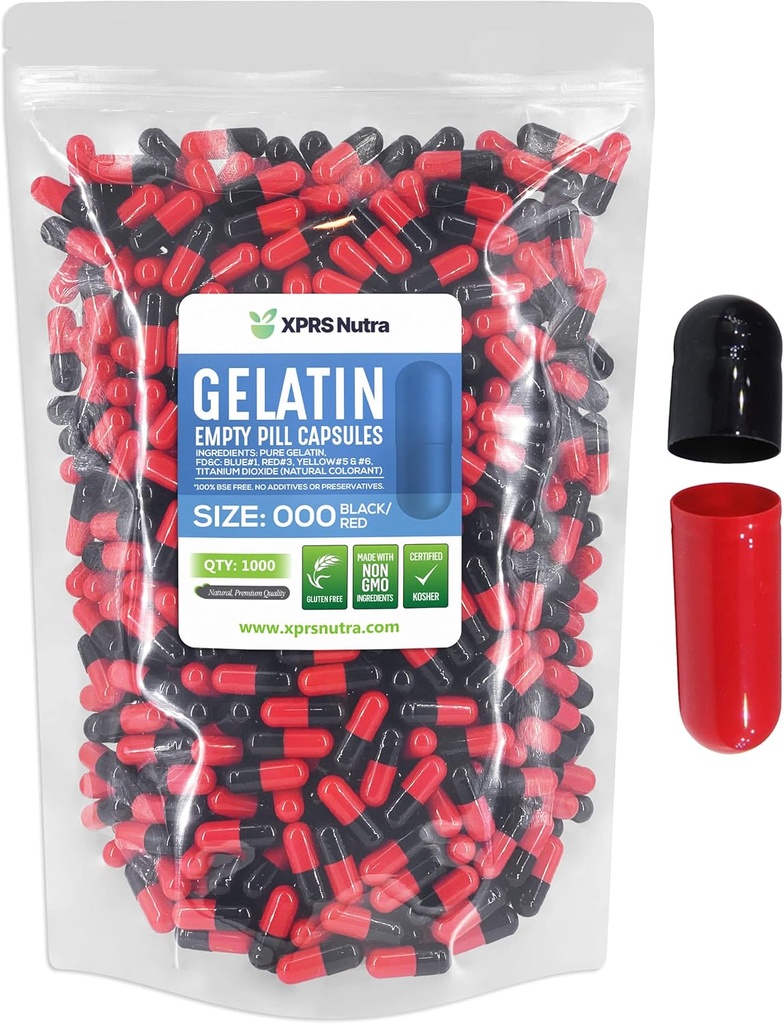 XPRS Nutra Size 000 Empty Capsules - 1000 Count Large Empty Gelatin Capsules - Pills for DIY Supplement Capsule Filling - Fillable Color Gel Caps Pills for Do-It-Yourself Supplements (Red/Black)