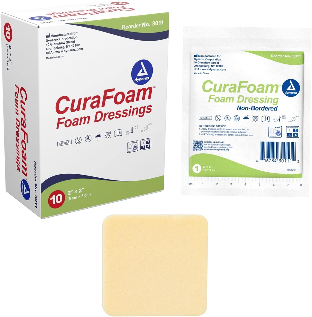 Dynarex 3011 CuraMousse Mousse Dressing, Non-Bordered, Stérile, Fournit Cushioned and Moist Wound Care, 2" x 2", Pack de 10
