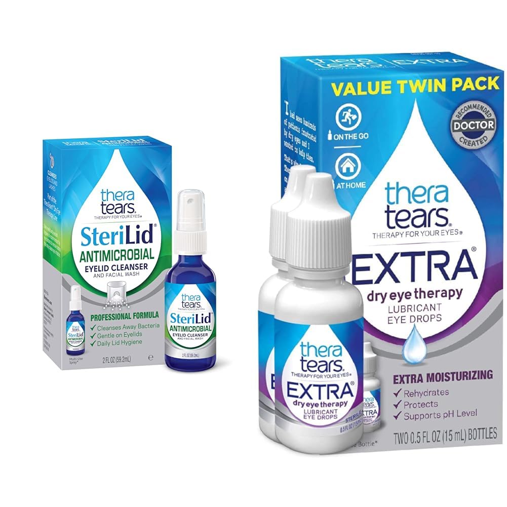 TheraTears Extra droge oogtherapie Smeer Oogdruppels voor droge ogen, 0,5 floz Fles, 2 Tellen & Sterilid Eyelid Cleanser en Gezichtswash, voor geïrriteerde ogen, 2 floz Spray