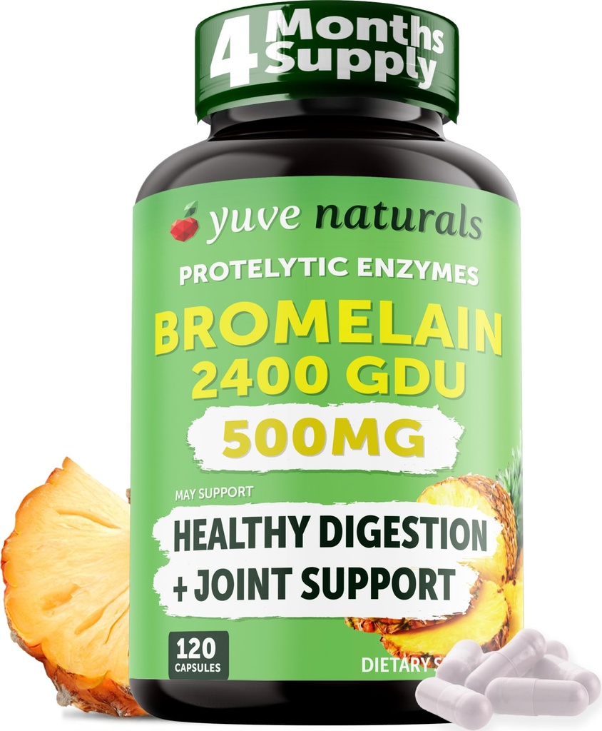 Yuve High Potency Bromelain 500mg 2400GDU Decompensative Enzymes - Gut & Joint Health from Ananas - Helpt het oplossen van eiwitten - Plant-Based, Non-GMO, 3rd Party Tested - 120 Capsules