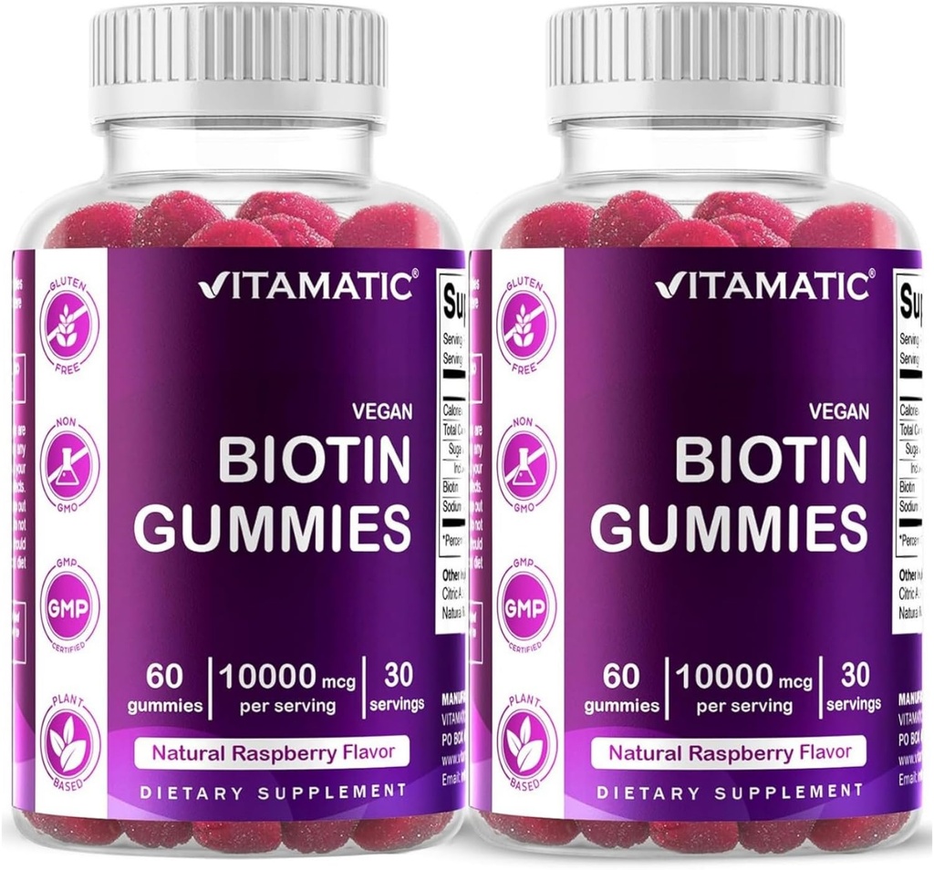 Vitamatic Biotin Gummies 10.000 mcg voor Sterker haar, huid en nagels - 60 Veganistische Gummies - ook wel vitamine B7 (2 flessen)