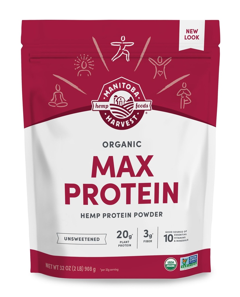 Manitoba Harvest Hemp Yeah Organic Max Protein Powder, Unsweeted, 32oz, with 20g Protein and 4.5g Omegas 3&6 per Serving, Keto-Friendly, Conservative Free, Non-GMO, Packaging May Vary