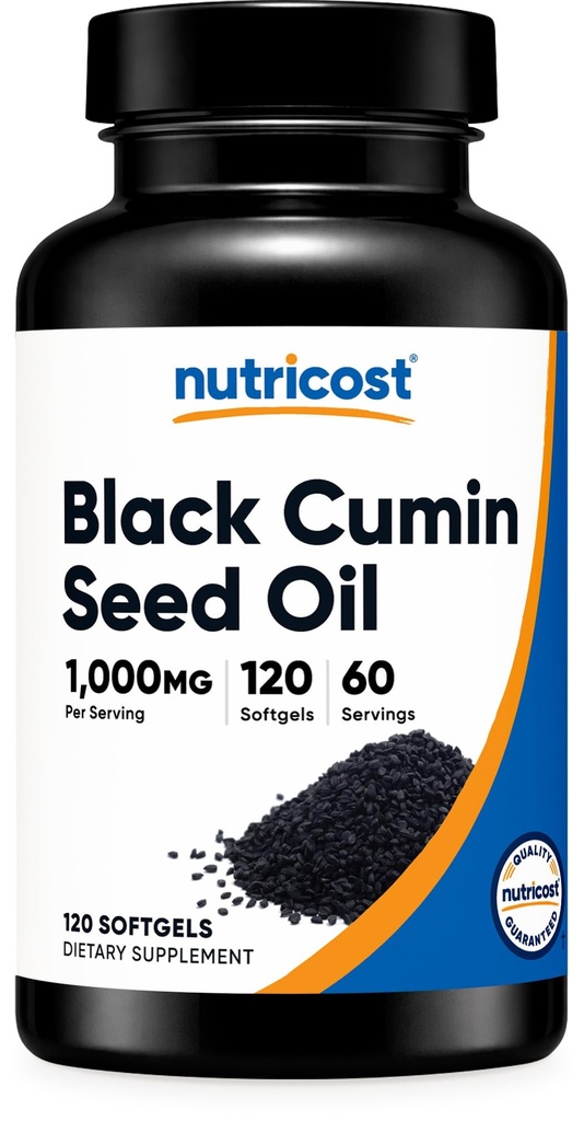 Nutricost Huile de graines noires (Cumin) - pressé à froid, source d'oméga 3 6 9-120 Softgels, 1000mg par portion, 60 portions - non-OGM et sans gluten