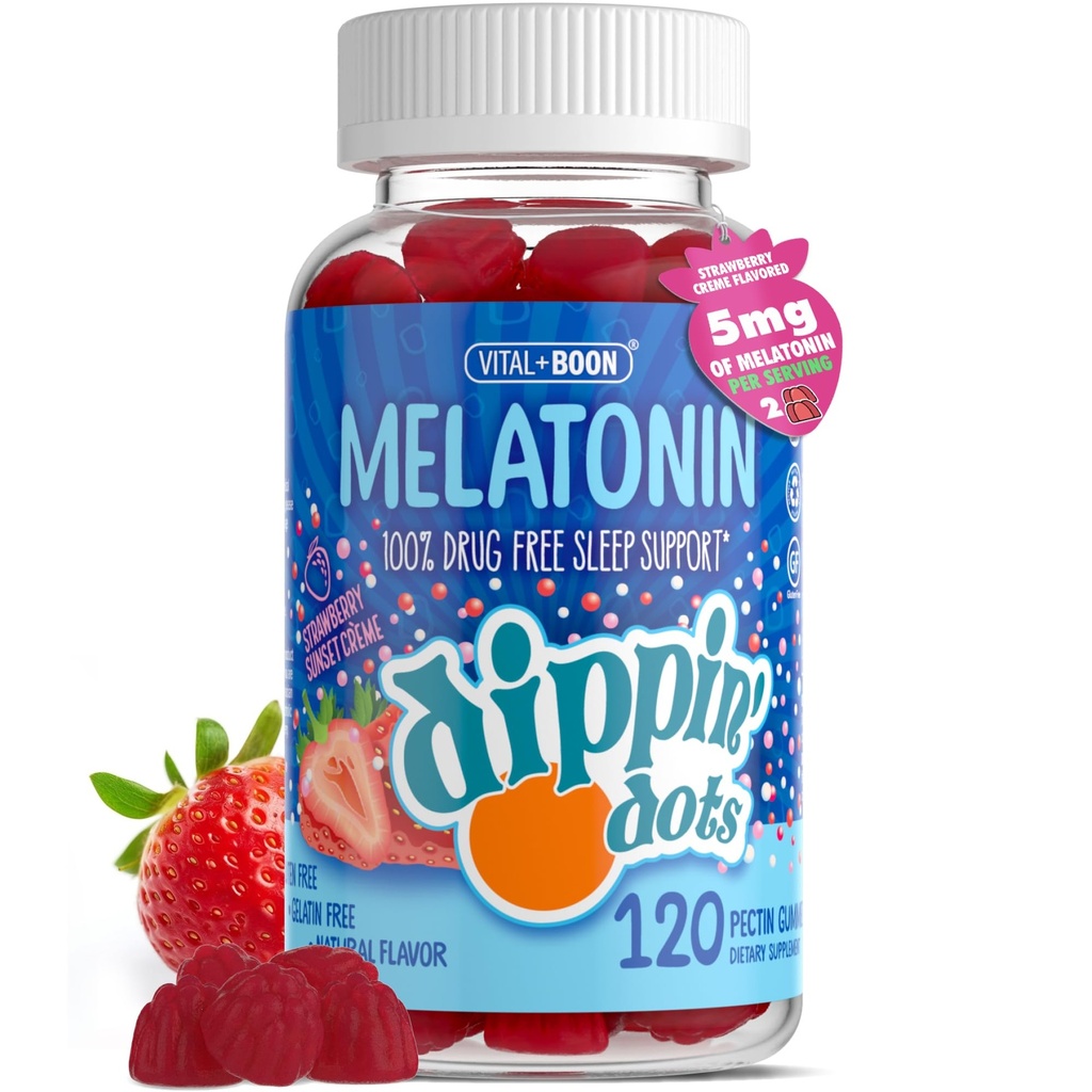 Dippin Dots - Melatonine Gummies for Kids & Adults (60 Days Supply) Strawberry Sunset Creme Flavor 