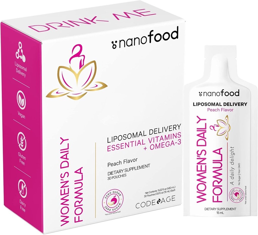 Codeage Liposomale Vrouwen dagelijkse vitamines Liquid Pouch Formula, Vegan Omega-3 Liquid Multivitamine Supplement, Biotine, Vitaminen A, B, C, D, E, Riboflavine, Berry - Non-GMO - 30 zakjes