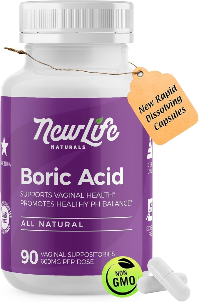 NewLife Naturals - Medical Grade Boric Acid Vaginale Zetpillen - 600mg - 100% Pure Womens pH Balance Pillen - Gistinfectie, BV - 90 Capsules: Made in USA