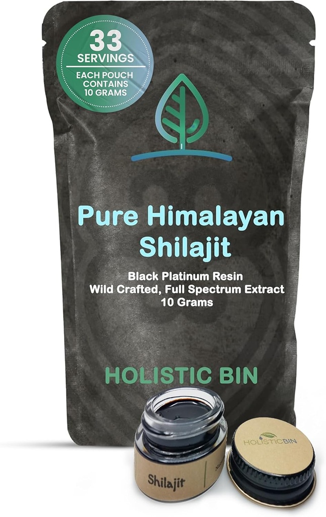 Holistische Bin Shilajit Resin - Himalaya Fulvic & Trace - Black Platinum Resin - Shilajit Extract - Mix Into Liquids - Serving Lepel Included - 10g