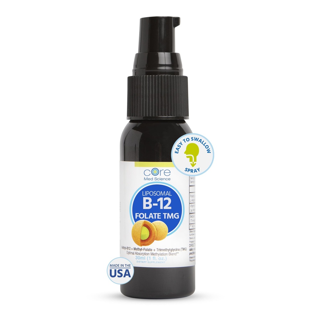 Core Med Science Liposomal B12 Folaat TMG Liquid Spray Supplement voor vrouwen en mannen - Ondersteunt Mood, Cognitive, & Heart Health - Vitamine B9 & Betaine voor Homocysteïne niveaus & Methylation Cycle, 1 Fl Oz