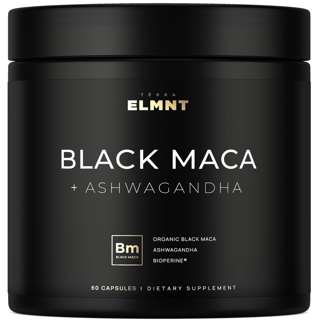 ELMNT 40.000mg 40x Sterkte Biologische Zwarte Maca Root w. Ashwagandha - #1 Hoogste Potentie Zwarte Maca Root Capsules voor mannen Supplement 40:1 Extract - 100% Pure Maca Peruana Maca Poeder Pillen Gelatiniseerd