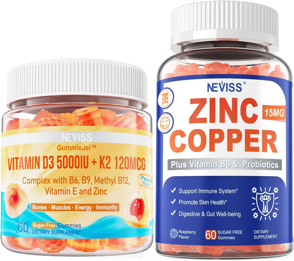 NEVISS Vitamine D3 5000IU + K2 (MK-7) 120mcg+ Zink Koper Gummies