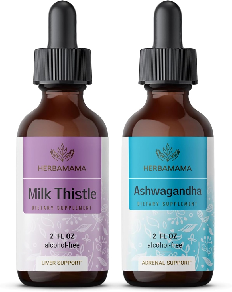 HERBAMAMA Kit de gouttes liquides à base de plantes - Ensemble d'extrait de chardon de lait et de teinture de racine d'Ashwagandha 2 fl oz - végétalien, non-OGM, sans sucre et sans alcool - 2 Pack