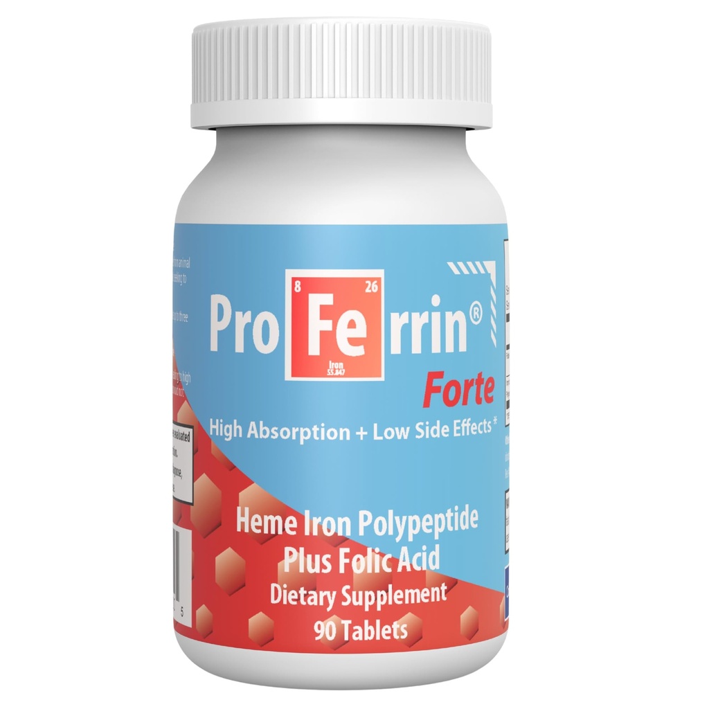 Proferrin Forte-12mg hoge absorptie Hemel IJzerpolypeptide. Gemakkelijk op The Gut. 90 tabletten. 1 mg foliumzuur om te helpen bij de productie van rode bloedcellen. Niet beïnvloed door koffie, calcium, of PPI's.