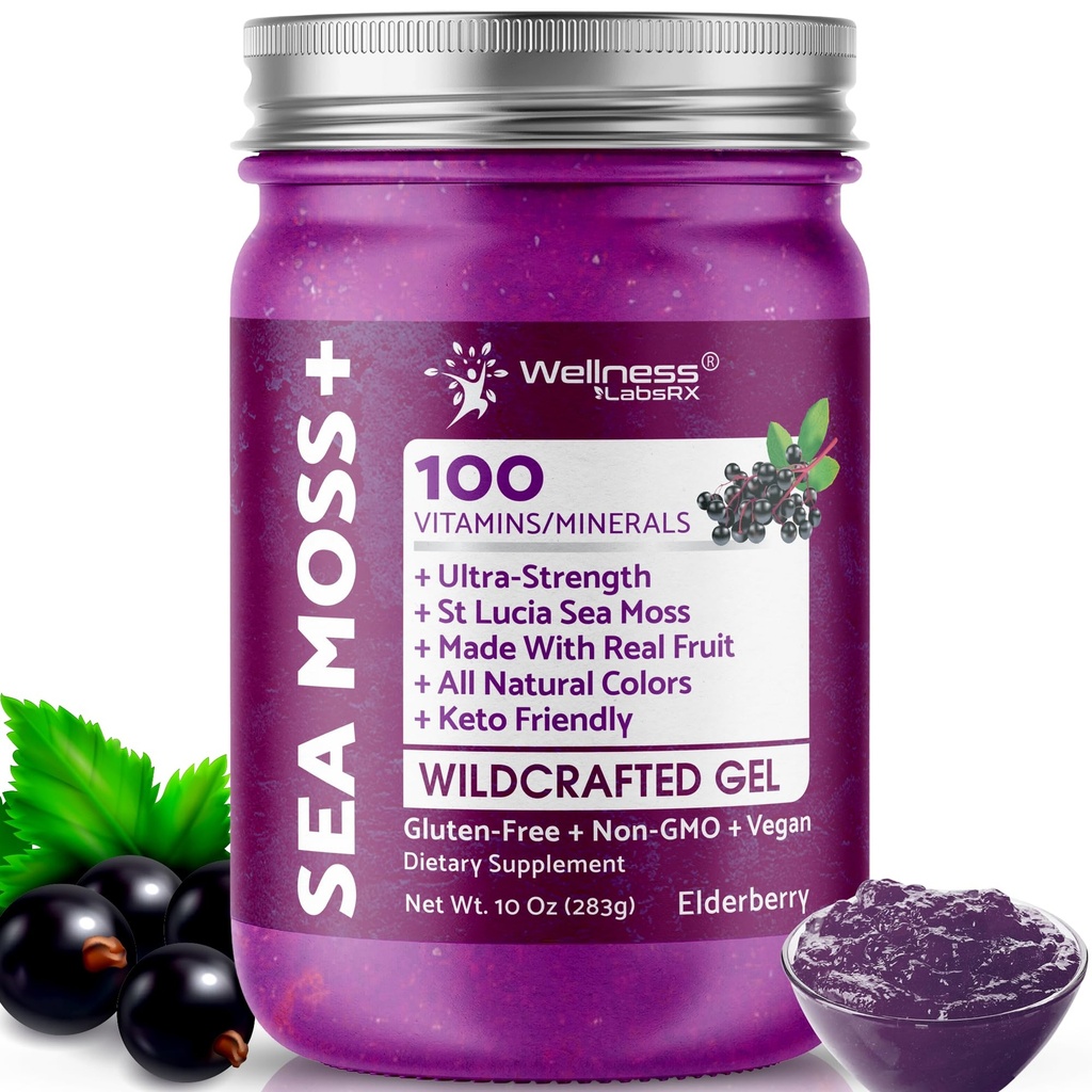 WELLNESS LABSRX Irish Sea Moss Gel Raw - Wildcrafted Superfood Seamoss Gel - Elderberry Flavor, Vitamine and Mineral-Rich from Pristine Caribbean Waters, Immune and Digestive Health Support - 10 oz.