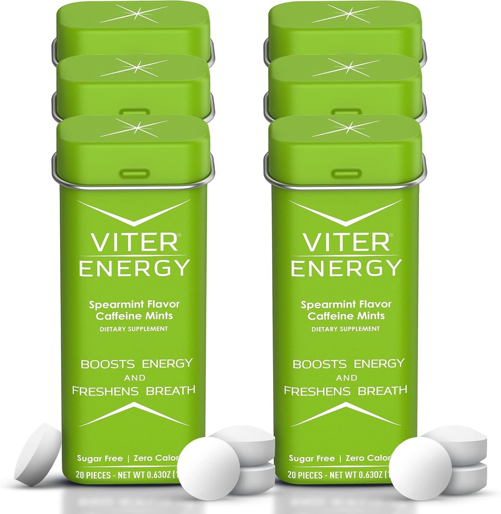Viter Energy 40mg Cafeïnemuntjes - Suikervrij, B Vitaminen, Vegan, Boosts Fast Energized Alert Focus, Cafeïnated Nootropic Supplement Pillen (Spearmint smaak, 20st, 6 Pack, 120st Totaal)
