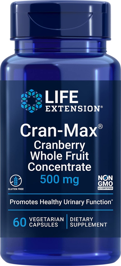 Life Extension Cran-Max®, 500 mg, Cranberry Whole Fruit Concentrate, bevordert urinaire Tract Gezondheid met krachtige antioxidanten, Glutenvrij, Vegetarisch, Non-GMO, 60 capsules