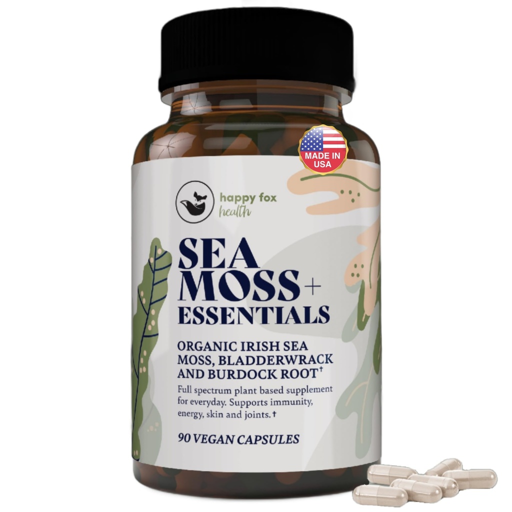 HAPPY FOX Irish Sea Moss Capsules with Burdock Root & Bladderwrack - Alternatief voor Seamoss Gummies or Powder, 90 Vegan Capsules, Made in USA