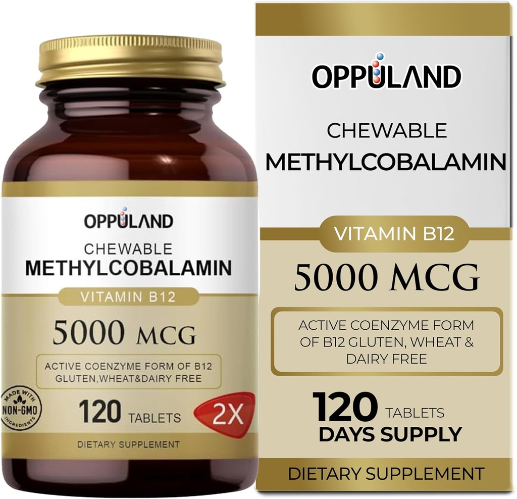 Methyl B-12 5000mcg Kauwbaar met folaat - Vitamine B12 Methylcobalamine Sublingual Tablets - Ondersteunt energie en hersenfunctie - Veganistisch supplement - Oranje smaak - 120 Tel.