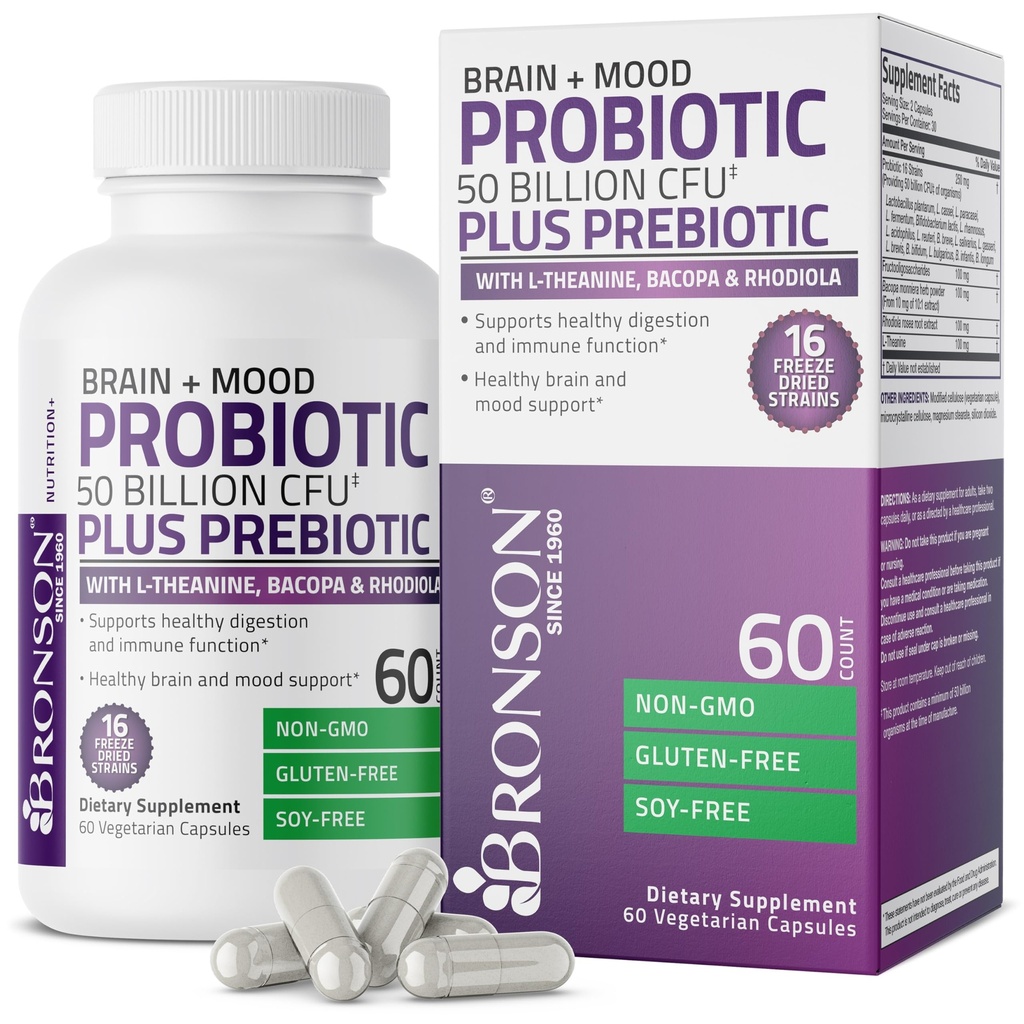 Bronson Cerveau + Mood Probiotique 50 Million CFU Plus Prébiotique avec L-Theanine, Bacopa et Rhodiola Non-OGM, 60 Capsules végétariennes
