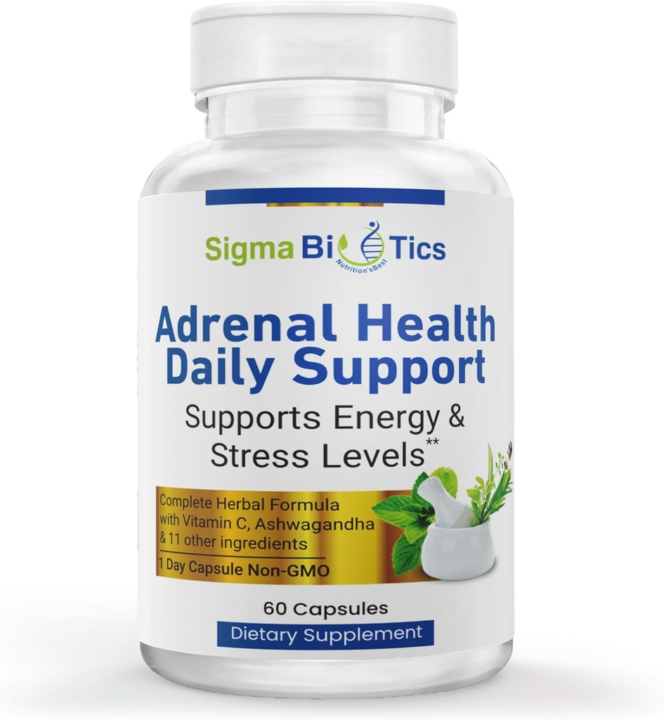 Sigma Biotics Adrenal Health Daily Support - Adrenal Support Supplement met Adaptogene Kruiden, Vitaminen en Aminozuren - Non-GMO Adrenal Complex for Energy and Vitality - 60 Capsules