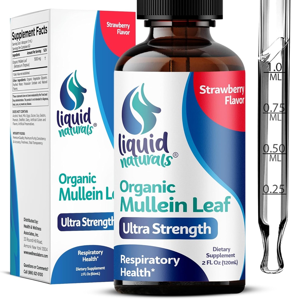 Mullein druppels voor Lungs, 2 Fl. Oz, Mullein Leaf Extract voor Lungs Aardbei smaak, Mullien Lung Detox en Reiniging, Mullen Tinctuur Ondersteuning voor gezonde ademen