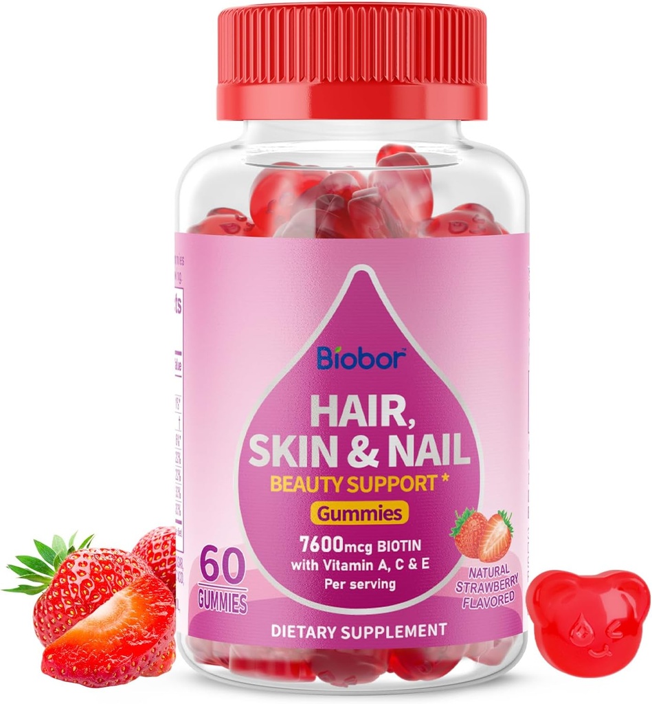 Peau et ongles de cheveux naturels Vitamines Gommies, 7600mcg Gommies de biotine pour femmes Hommes Soutien beauté, non-OGM (Flaveur de mûrier, 60 comte)
