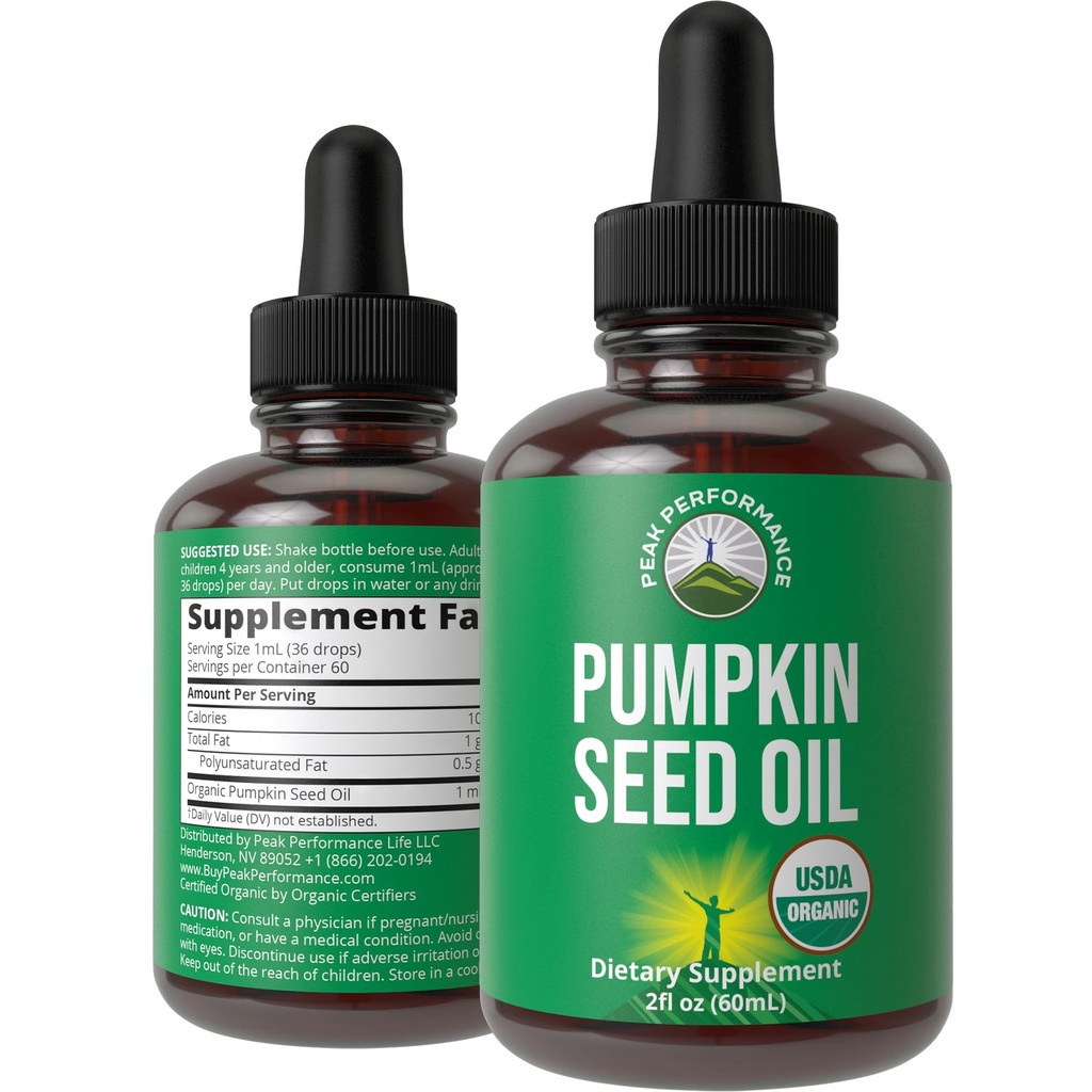 Huile de graines de citrouille. USDA Bio Vegan gouttes liquides extrait pour les femmes et les hommes. Supplément pour la croissance des cheveux, santé de la peau, UT, soutien de la prostate. Zéro sucre, sans gluten.