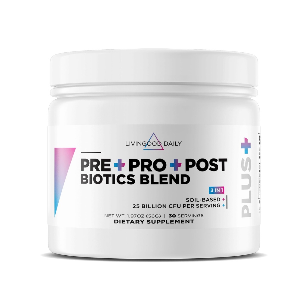 Livingood Daily Pre Pro Post Biotics Blend Powder, Digestief Health Supplement met Prebiotica van Organic Blue Agave Inulin, SBO Probiotica, Probiotica voor vrouwen en mannen, Non GMO, Vegan, 30 porties